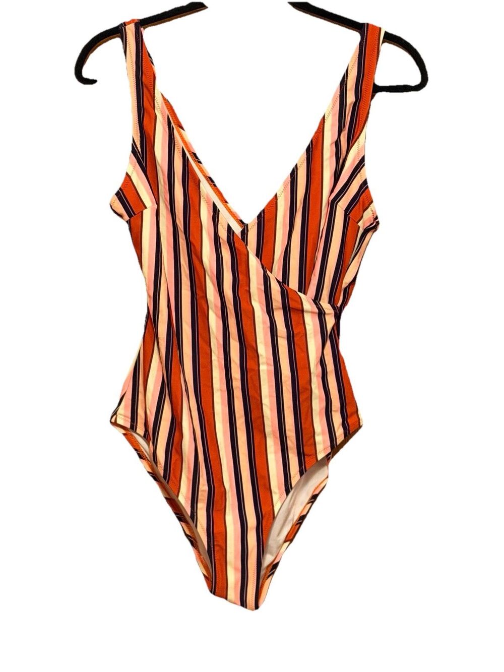 CUPSHE Striped V Neck Wrap One Piece Swimsuit Size L Large Coral Navy Pink EUC